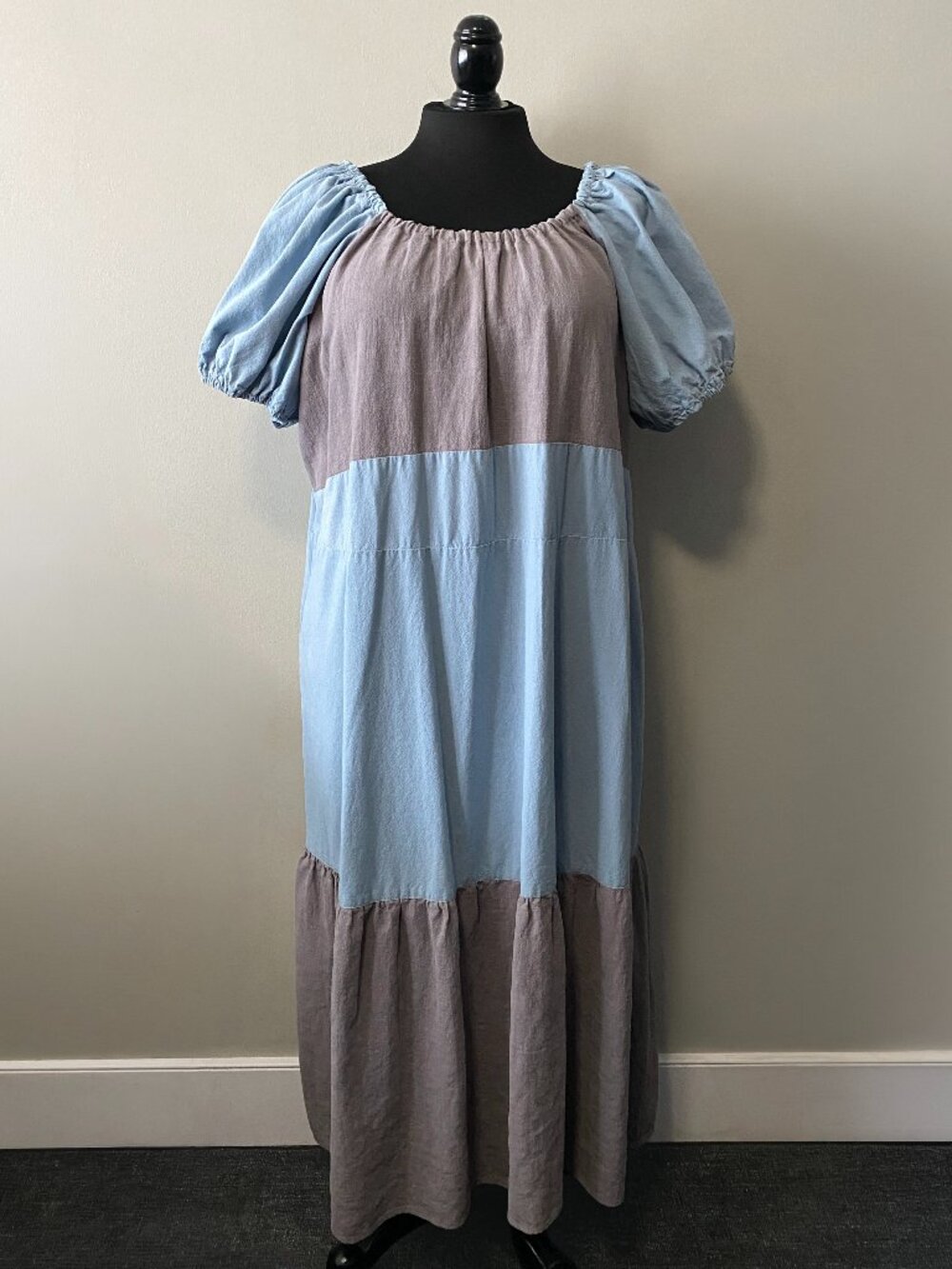 Handmade Plus Size Cotton Blue Grey Pockets Dress